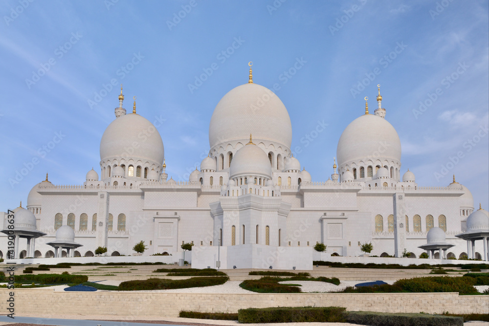 Sheikh Zayed Mosque against the blue sky. View from the east