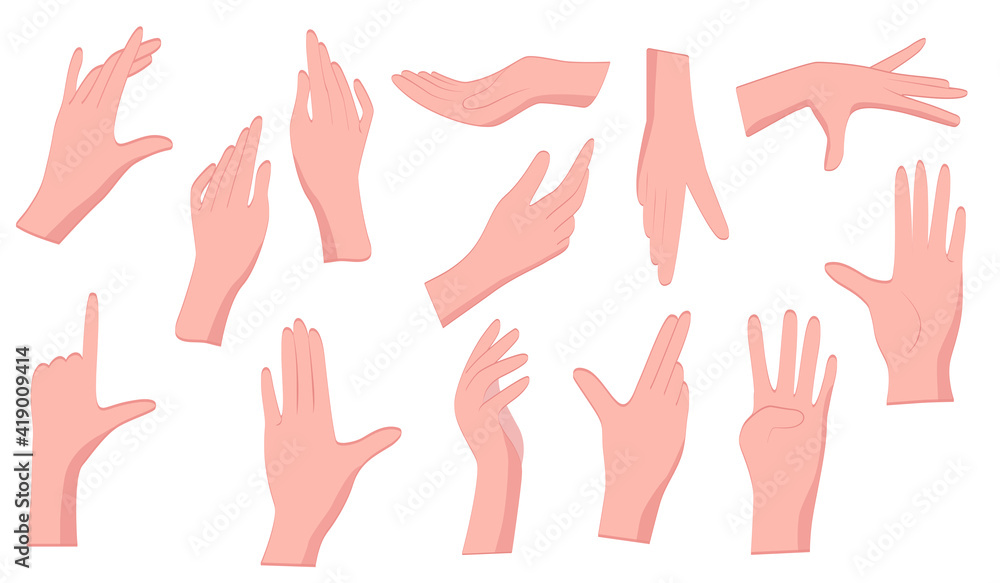 Flat hand gestures. Male flat hands in different positions on a white background. Pointing hands, gesturing communication language, palm gesture designation. Vector illustration. Flat hand gestures. Male flat hands in different positions on a white background. Pointing hands, gesturing communication language, palm gesture designation. Vector illustration.