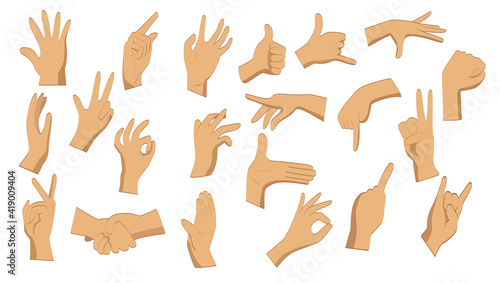 Flat hand gestures. Male flat hands in different positions on a white background. Pointing hands, gesturing communication language, palm gesture designation. Vector illustration.