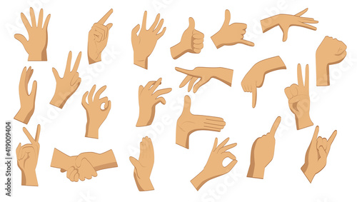Flat hand gestures. Male flat hands in different positions on a white background. Pointing hands, gesturing communication language, palm gesture designation.  Vector illustration.