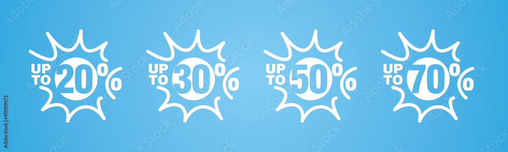 Summer Spring Sale special offer up to 20 30 50 70 % off white sun negative space discount numbers stickers labels blue background
