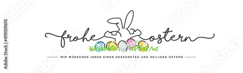 Happy Easter we wish you a holy and blessed Easter German language handwritten line design typography bunny connects Happy and Easter lettering white greeting card background with colorful eggs in gra