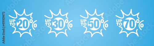 Summer Spring Sale special offer up to 20 30 50 70 % off white sun negative space discount numbers stickers labels blue background