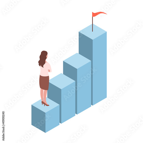 A young modern woman is climbing the career ladder. Vector isolated illustration about business and success. Isometric style