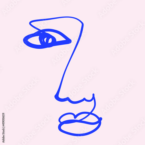 Continuous one line drawn face. Abstract minimal portrait. Woman face continuous line drawing.
Set of creative templates in trendy style with one line face portrait. Cubism face. Outline thin stroke.