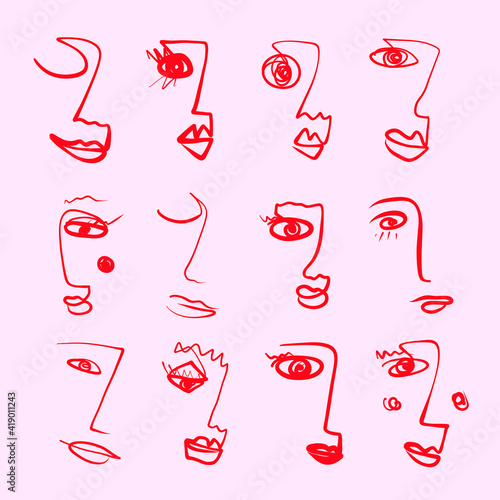 Set of continuous one line drawn faces. Abstract minimal woman portrait. Woman face continuous line drawing. One line face portrait. Cubism face. Trendy style face  illustration.