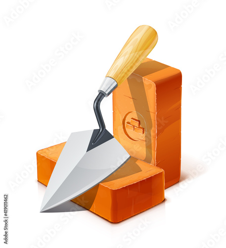 Trowel and Red ceramic brick. Tool and Material for building. Isolated on white background. Eps10 vector illustration.