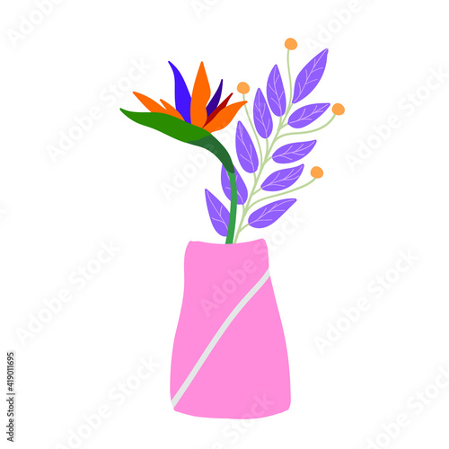 tropical flowers bouquet in vase. Vector illustration