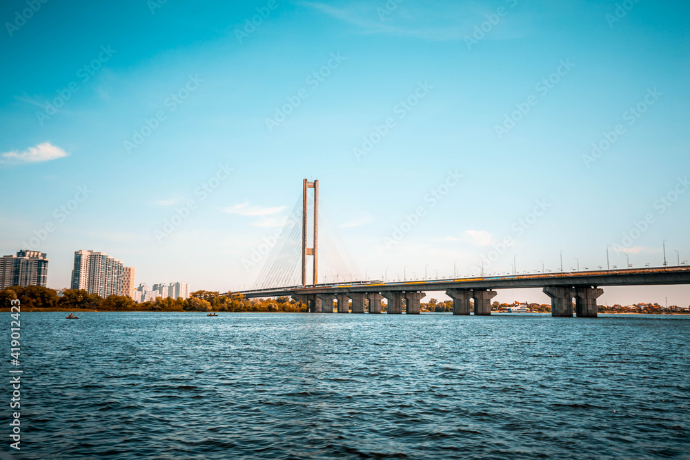 Antenna of the south bridge, the city of Kiev Ukraine. South bridge of the city of Kiev. Dnieper river, bridge over the river. Summer time