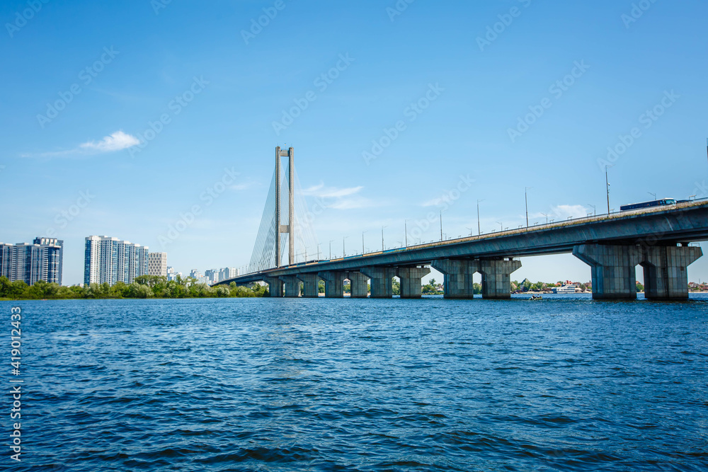 Antenna of the south bridge, the city of Kiev Ukraine. South bridge of the city of Kiev. Dnieper river, bridge over the river. Summer time
