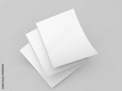 White sheets of office paper on a gray background. 3d render illustration.