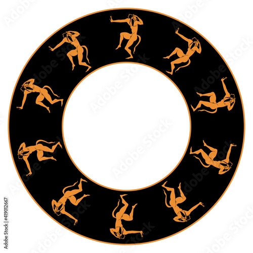Round ethnic frame, ornament or texture with dancing Satyrs or Silenus. Ancient Greek vase painting style.