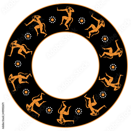 Round ethnic frame or mandala with dancing Satyrs. Ancient Greek vase painting style.