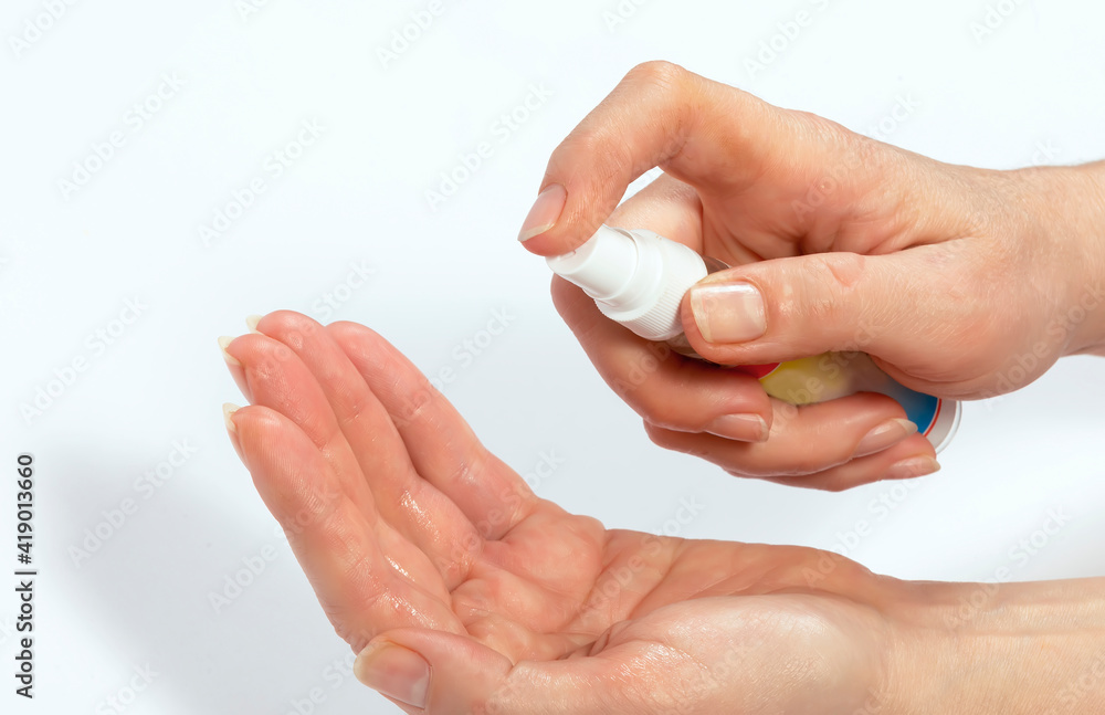 Antibacterial hand spray, hand sanitizer on white background Antibacterial hand spray, hand sanitizer on white background