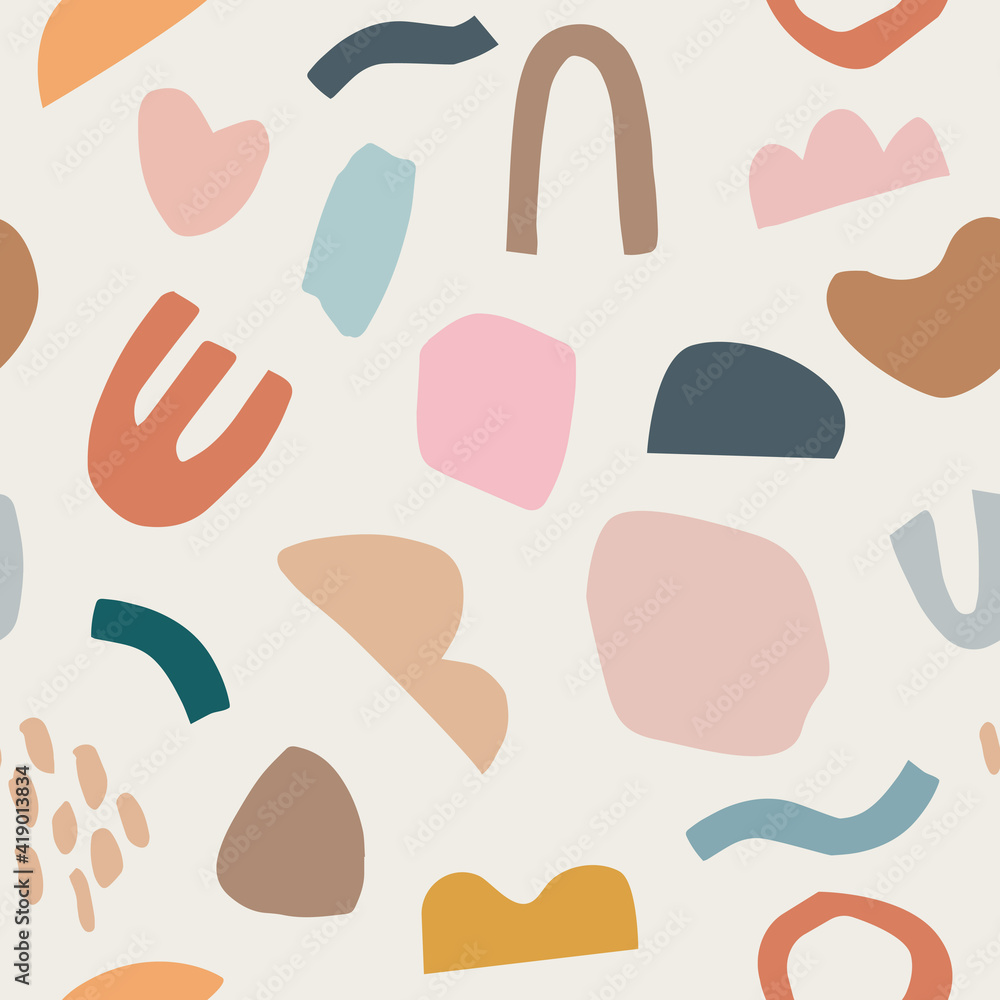 Pieces of torn paper and brush strokes. Seamless pattern. Abstract cut out vector shapes. Flat simple minimalist colorful background. Collage elements, texture for textile, fabric, wrapping paper. Pieces of torn paper and brush strokes. Seamless pattern. Abstract cut out vector shapes. Flat simple minimalist colorful background. Collage elements, texture for textile, fabric, wrapping paper.