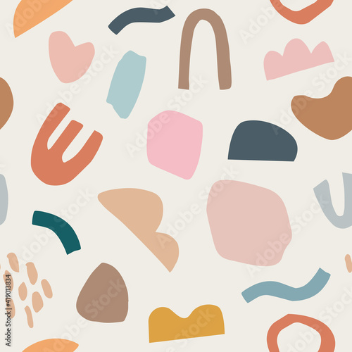 Pieces of torn paper and brush strokes. Seamless pattern. Abstract cut out vector shapes. Flat simple minimalist colorful background. Collage elements, texture for textile, fabric, wrapping paper.