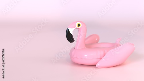 Flamingo float on pastel pink background with copyspace. Summer minimal concept. 3d rendering
