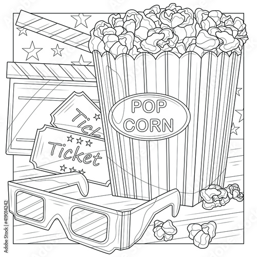 Popcorn with glasses and cinema tickets.Coloring book antistress for children and adults. Illustration isolated on white background.Zen-tangle style. Hand draw