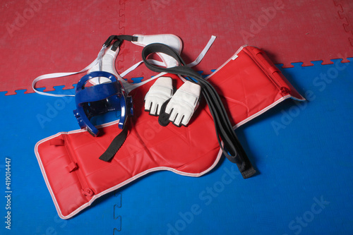 Red chest protection for taekwondo practice
