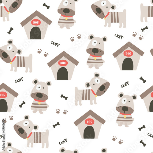Cute little dogs and dog house seamless pattern