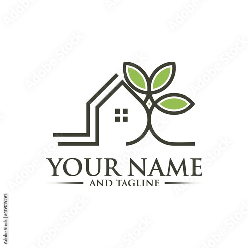 Farm House Logo Concept in Simple Iconic Line Style Design Vector, Green Wood Resident Vector Logo Template. Design template of two trees incorporate with a house that made from a simple scratch. 