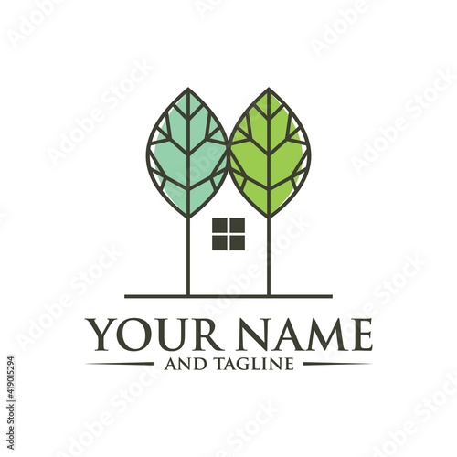 Farm House Logo Concept in Simple Iconic Line Style Design Vector, Green Wood Resident Vector Logo Template. Design template of two trees incorporate with a house that made from a simple scratch. 