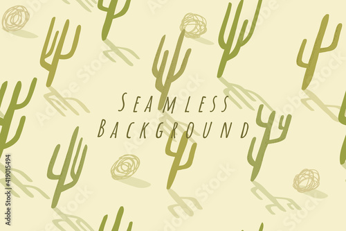 Vector illustration. Doodle hand drawn cartoon style. Flat minimalist concept. Cactus landscape seamless background. Design elements for print, website or fame template. Green and yellow colors