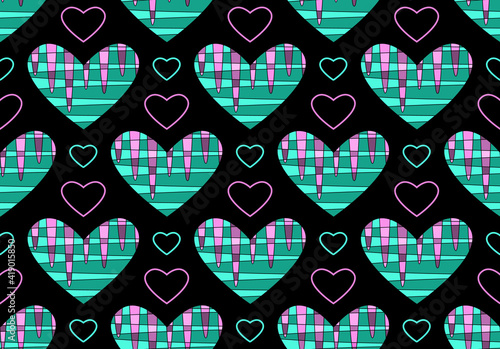 Heart mosaic geometrical seamless pattern. Creative shapes, bright colors background in green, lilac palette. Black backdrop is easy to change