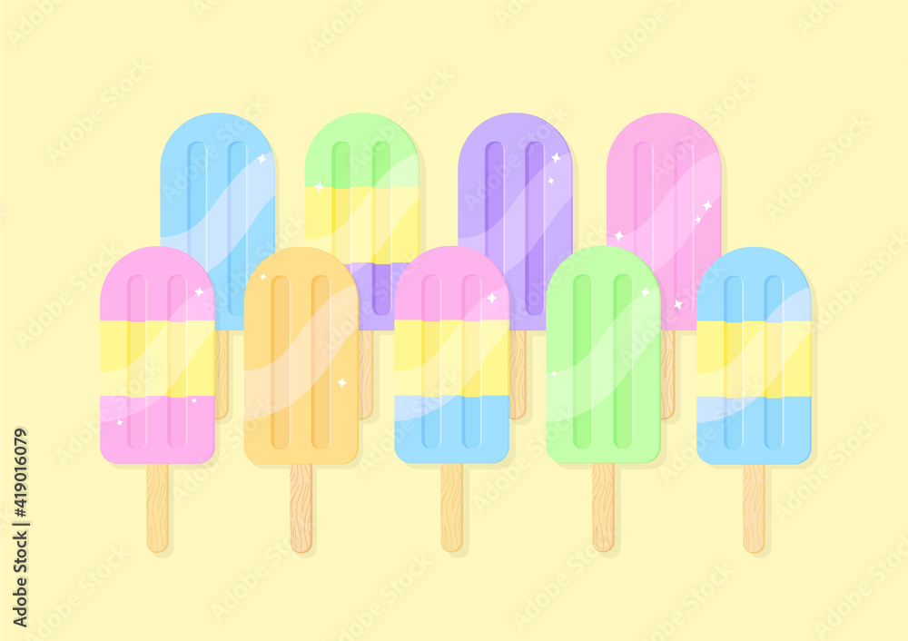 Fruit ice cream icon set. Summer freezing desserts isolated on yellow background. Colorful fruit ice collection. Cartoon flat vector illustration. For stationary, web, banner, print, product design. Fruit ice cream icon set. Summer freezing desserts isolated on yellow background. Colorful fruit ice collection. Cartoon flat vector illustration. For stationary, web, banner, print, product design.