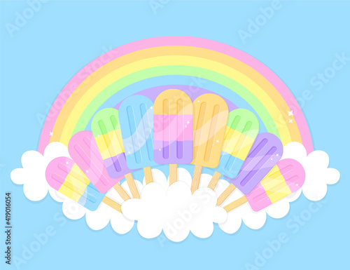 Yummy ice cream collection. Bright colorful ice cream set with clouds and rainbow on blue background. Cartoon flat vector illustration. Stationary, print, label, banner, fabric, product, web design.