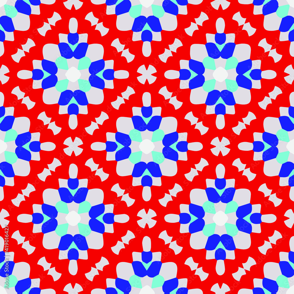 Seamless pattern with symmetric geometric ornament.
Seamless pattern with symmetric geometric ornament.