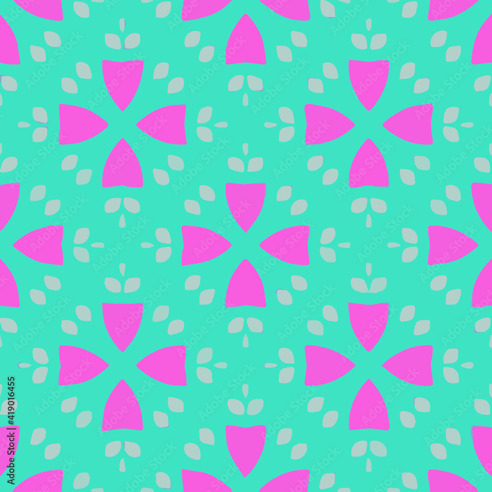 Seamless pattern with symmetric geometric ornament.
Seamless pattern with symmetric geometric ornament.