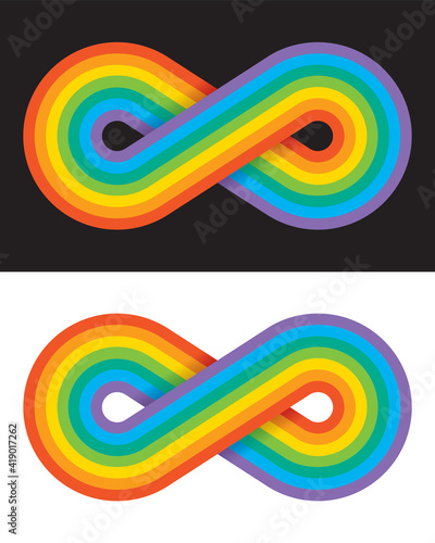 Rainbow coloured infinity symbol.
Vector illustration of overlapping rainbow lines creating the endless loop infinity symbol.