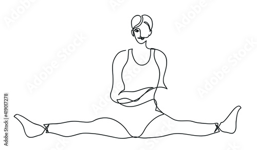 One line drawing of ballerina in a bodysuit sits in a cross twine.
One continuous line drawing of sitting ballerina.