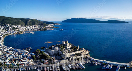 Amazing panoramic view from drone of Bodrum harbour and ancient Kalesi castle