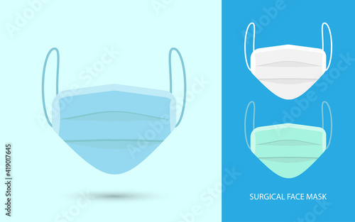 Surgical face mask. Blue medical protective masks front view isolated on blue. Corona virus mask with shield from covid 19 virus concept vector illustration eps 10, easy to modify. 