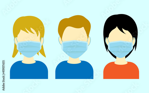 Surgical face mask. Blue medical protective masks front view isolated on blue. Corona virus mask with shield from covid 19 virus concept vector illustration eps 10, easy to modify. 