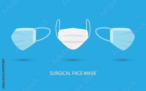 Surgical face mask. Blue medical protective masks front view isolated on blue. Corona virus mask with shield from covid 19 virus concept vector illustration eps 10, easy to modify. 