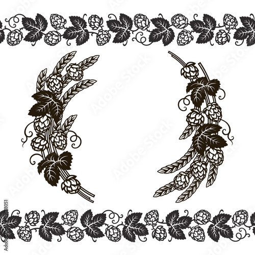 Wreath or frame of branches of hops, and beer hop seamless border. Set of elements for brewery design. Hand drawn vector illustration isolated on white background.