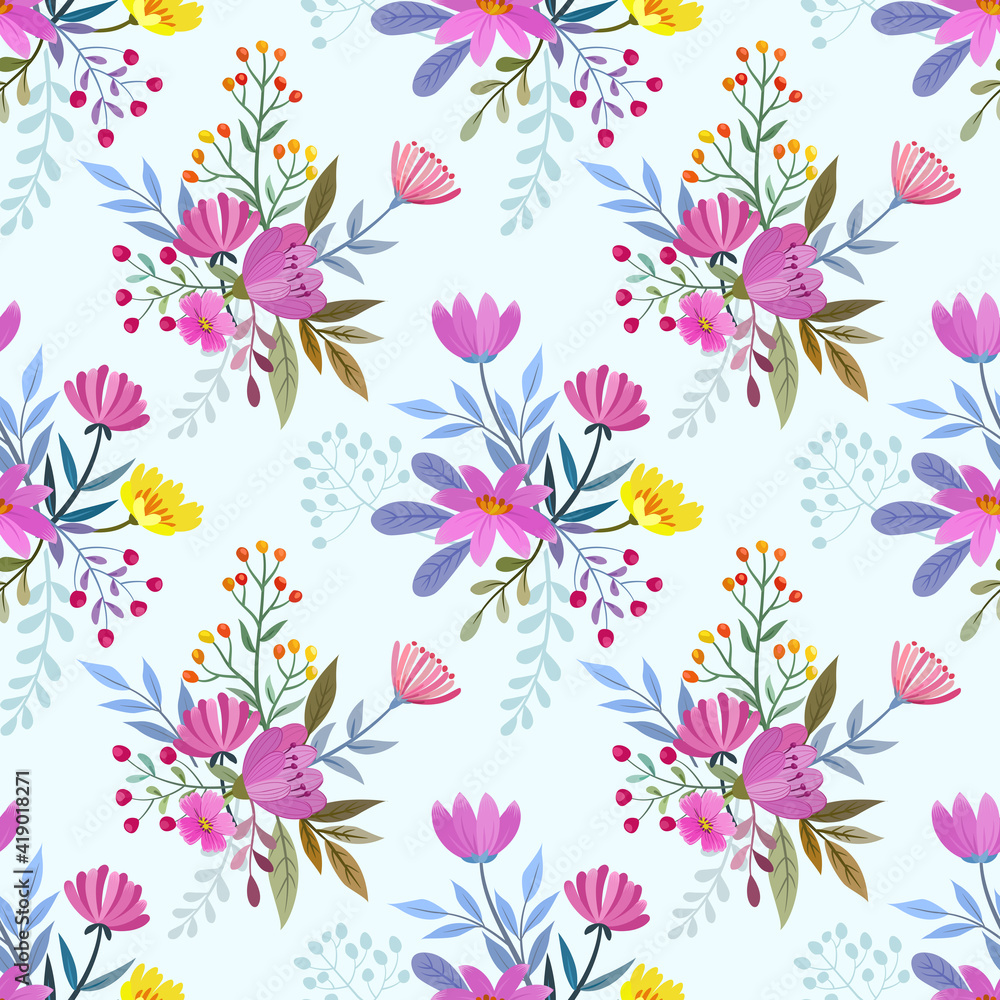 Purple flowers on a light blue color seamless pattern for fabric textile background and backdrop.