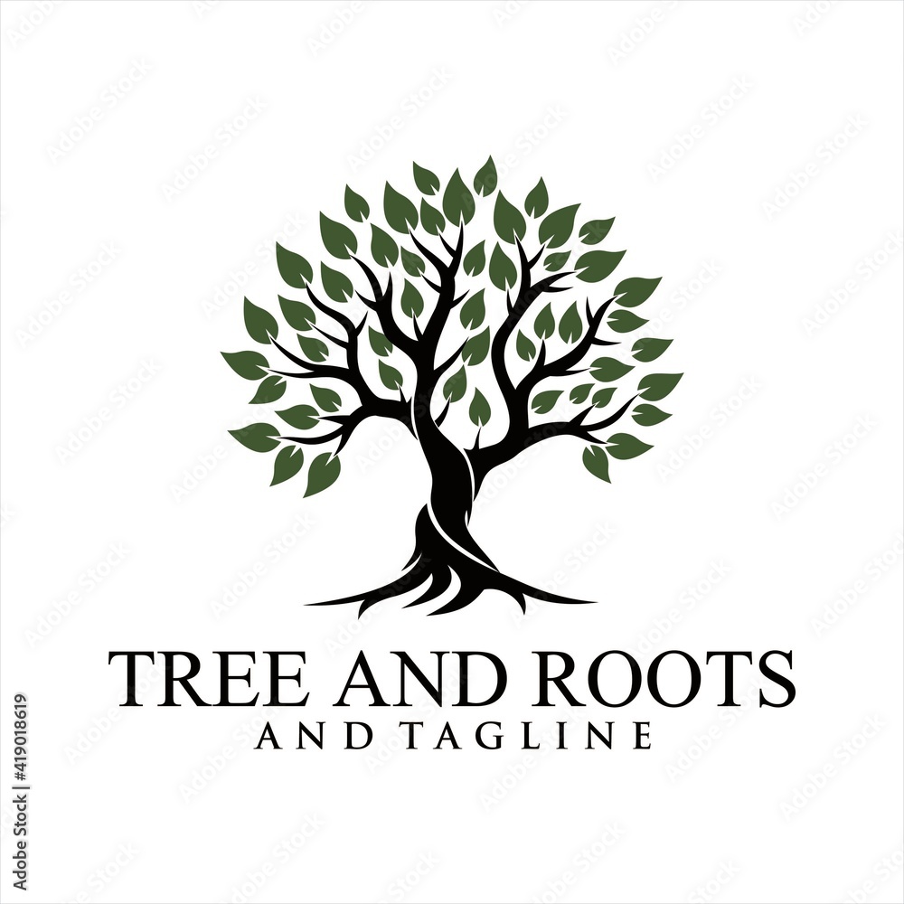 Obraz premium Abstract vibrant tree logo design, root vector - Tree of life logo design inspiration isolated on white background.