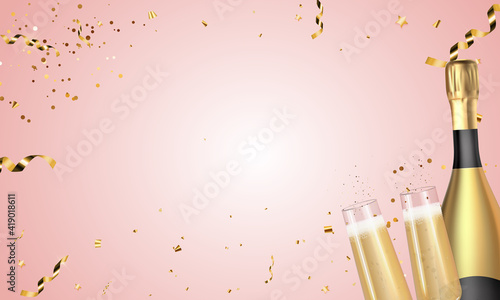 Slika na platnu Realistic 3D champagne Golden Bottle and Glasses on Pink background