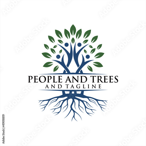 Human Tree Creative Concept Logo Design Template, People Tree Vector Logo.