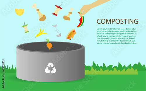 Compost illustration, compost bin  with organic waste illustration for waste composting,  waste recycling process concept for compost organic waste vector illustration. 