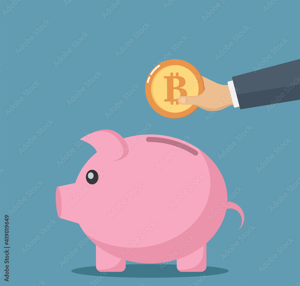 Hand putting bitcoin into piggy bank. Crypto currency savings concept. Vector illustration Hand putting bitcoin into piggy bank. Crypto currency savings concept. Vector illustration