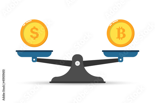Bitcoin and dollar on a scales. Crypto currency value growth concept. Vector illustration