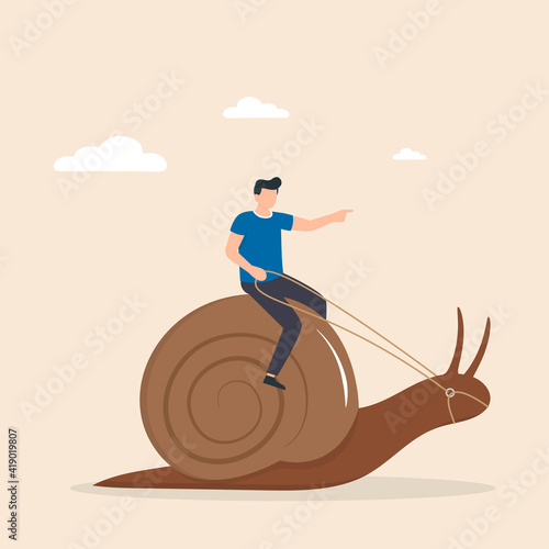 Man, riding snail, giving it commands. Strategy to achieve success leisurely.