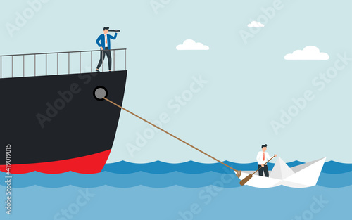 Man in a business suit with a telescope sails on a huge ship. Small paper boat pulling a huge ship. Concept of teamwork and alliance.