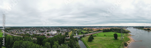 Panoramic view of Leverkusen and the ailing autobahn bridge on the Rhine, Germany. Drone photography. © Bernhard