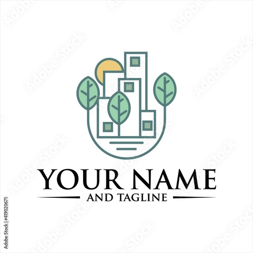 Abstract green city building logo design concept. Symbol icon of residential, apartment and city landscape.